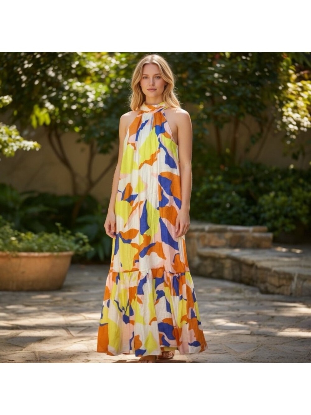 Cynthia Steffe Abstract Floral Halter Maxi Dress Orange Blue Lime Green Large